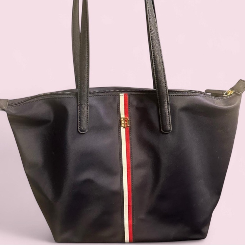 Navy blue Tommy Hilfiger tote bag with red and white stripe